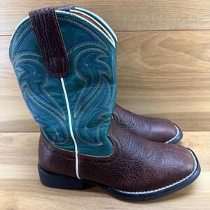 RANK 45 Little Kids Western Boots 1 D Brown Teal Leather Cowboy Rodeo Ranch